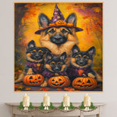 German Shepherd Dog Halloween Canvas Wall Art with Pumpkin and Witch Hat Rustic Fall Accent for Cozy Autumn Homes on Ready to Hang 1.5" Thick Canvas Wrap, Floating Framed Canvas, Flat Rolled Canvas